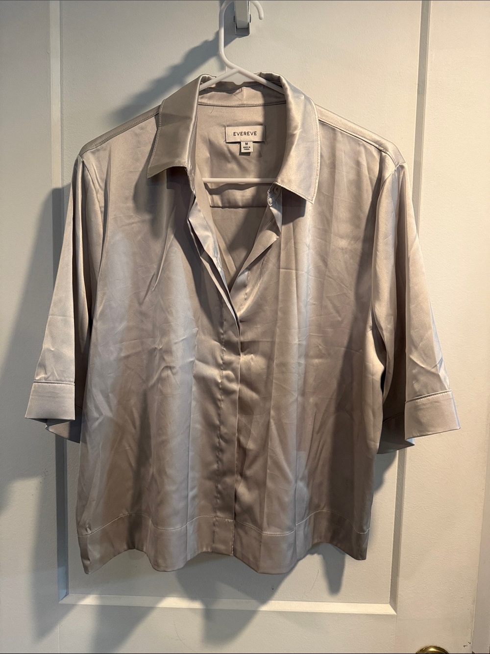 Evereve Silver Satin Short Sleeve Button-Down Shirt